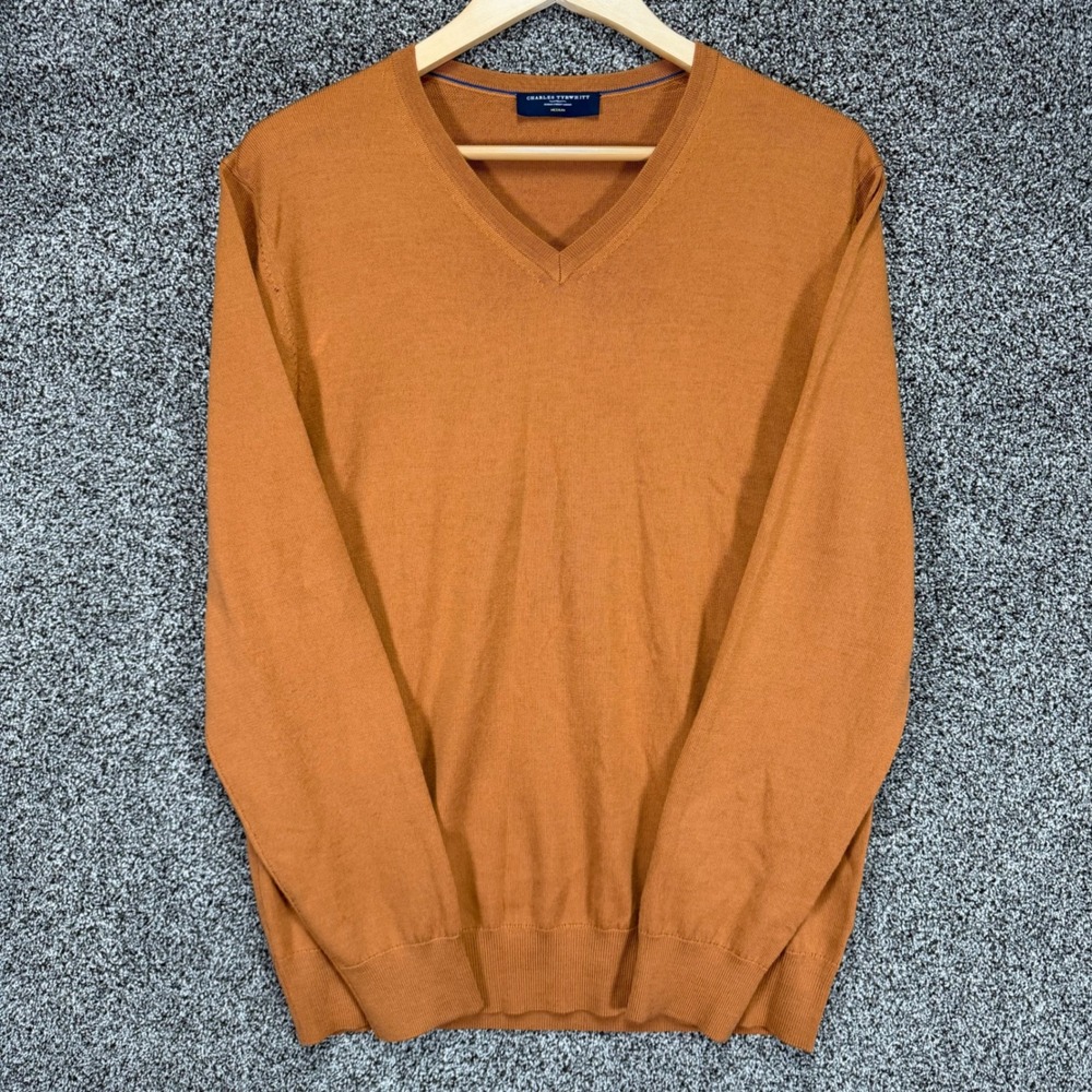 Charles Tyrwhitt Merino Wool Sweater Mens M Golden Orange-Brown V-Neck Pullover